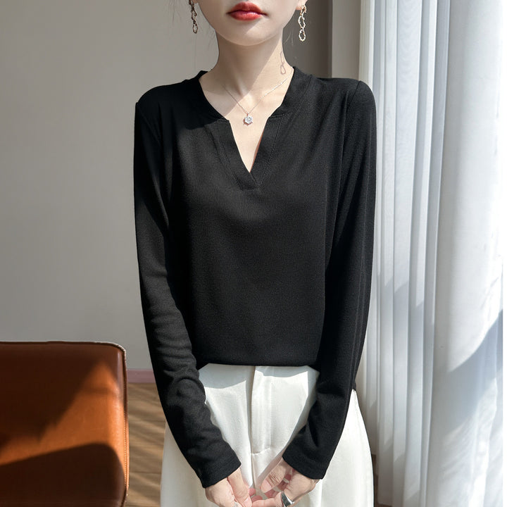 Women's Long-Sleeved Fine Knit Shirt with Slit V-Neck Mune Fashion