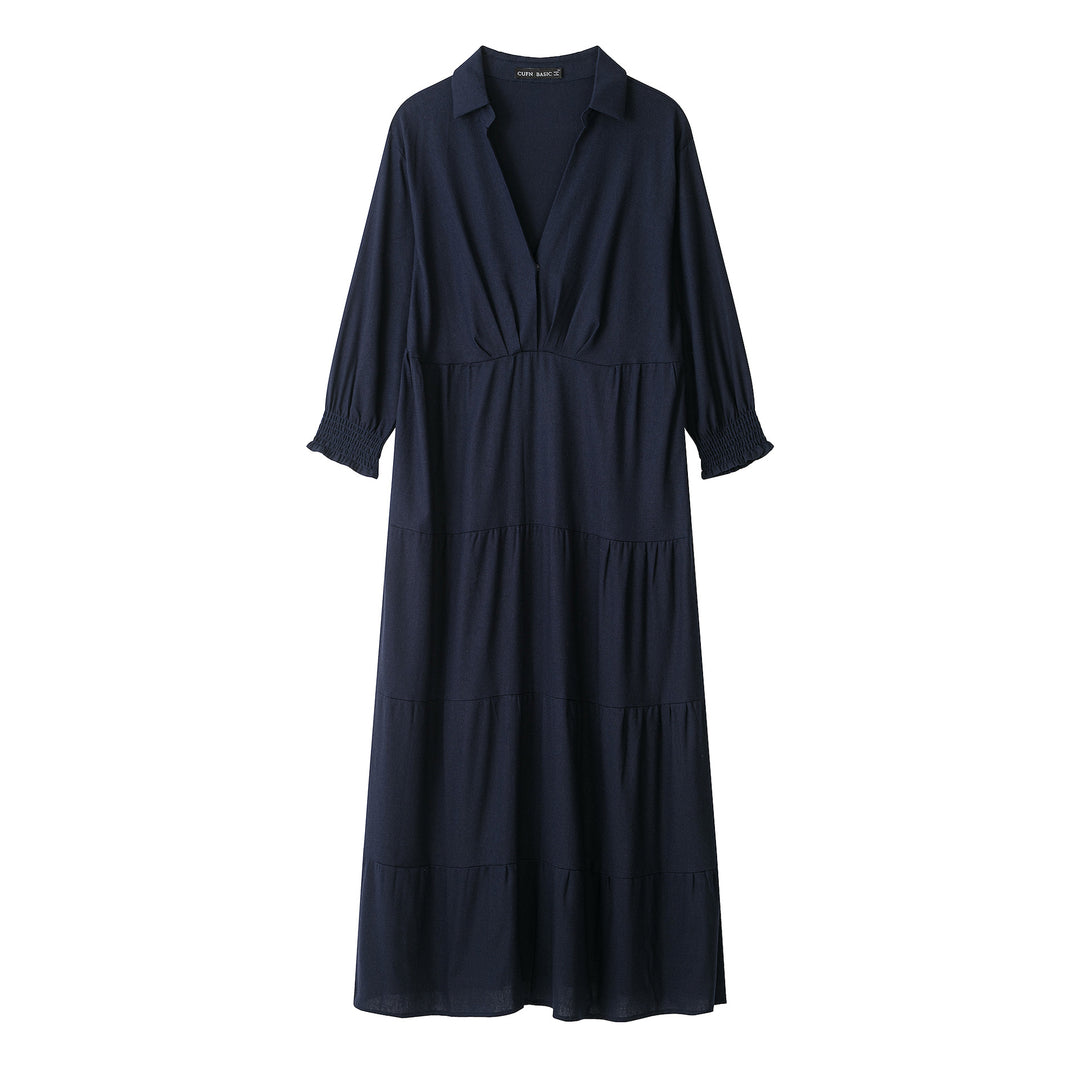 Women’s midi dress in tiered look with shirt collar, V-neck and gathered waist seam Mune Fashion