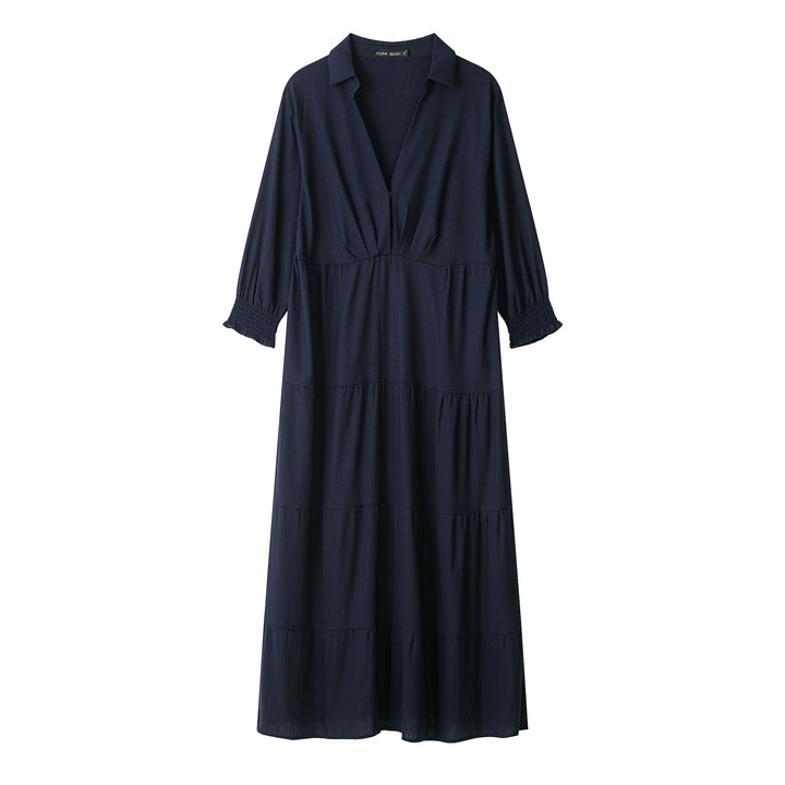 Women’s midi dress in tiered look with shirt collar, V-neck and gathered waist seam Mune Fashion
