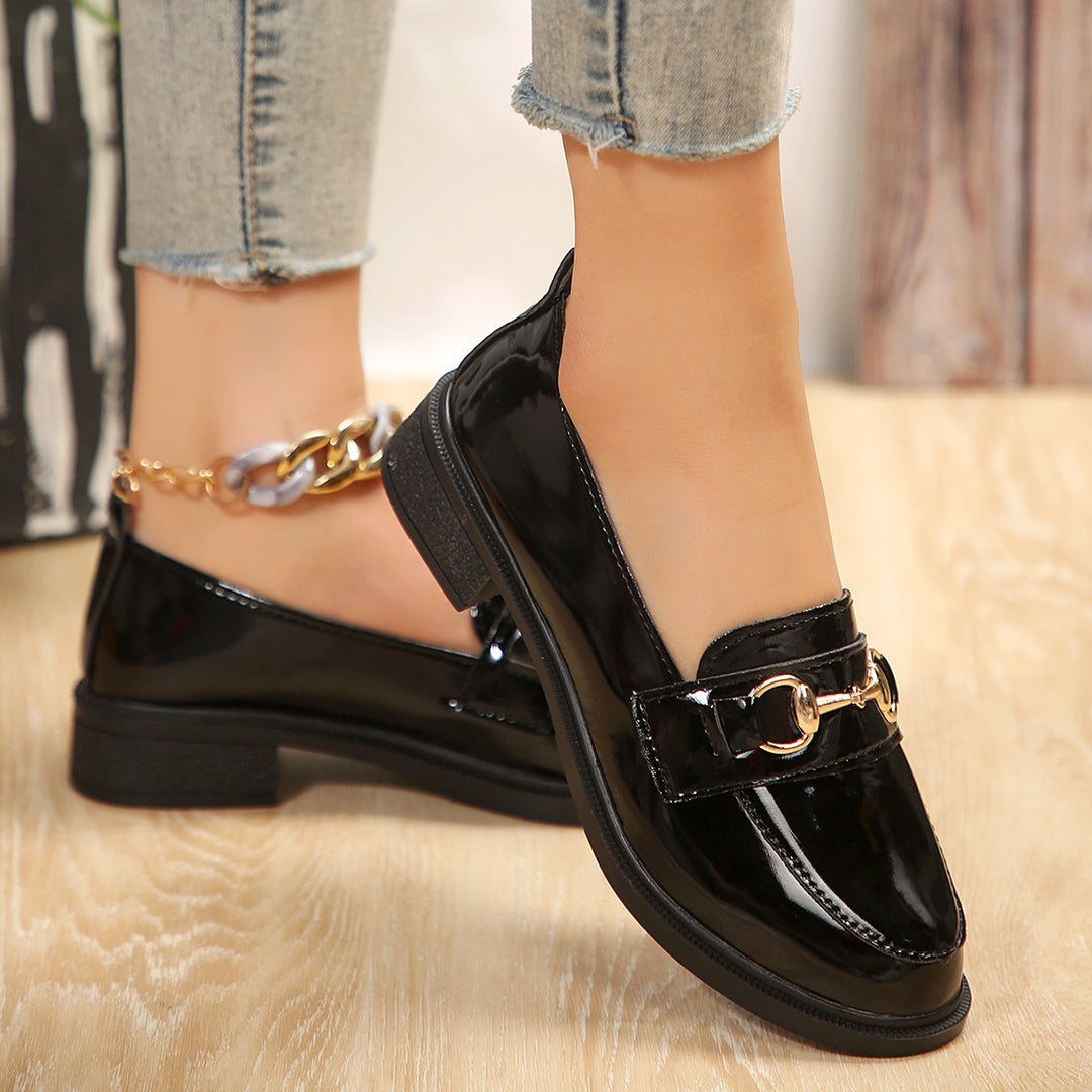 Ladies Patent Leather Platform Loafer with Gold Horsebit Detail and Low Block Heel Mune Fashion