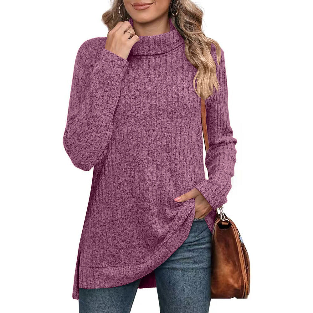 Women's ribbed knit tunic with roll neck, side slits, and extended hem Mune Fashion