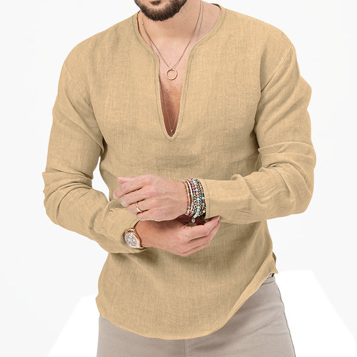 Men's relaxed linen tunic shirt with open slit collar and rounded hem Mune Fashion