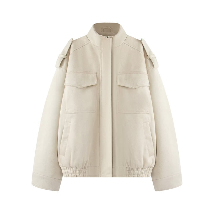 Ladies wool blend blouson with shoulder epaulettes, patch breast pockets and elastic hem Mune Fashion