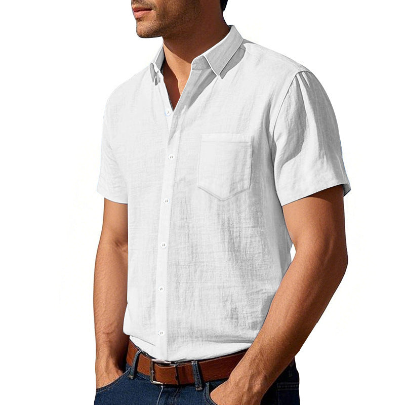 Men's short-sleeved textured shirt made of breathable slub linen with a spread collar, chest pocket, and straight hem Mune Fashion