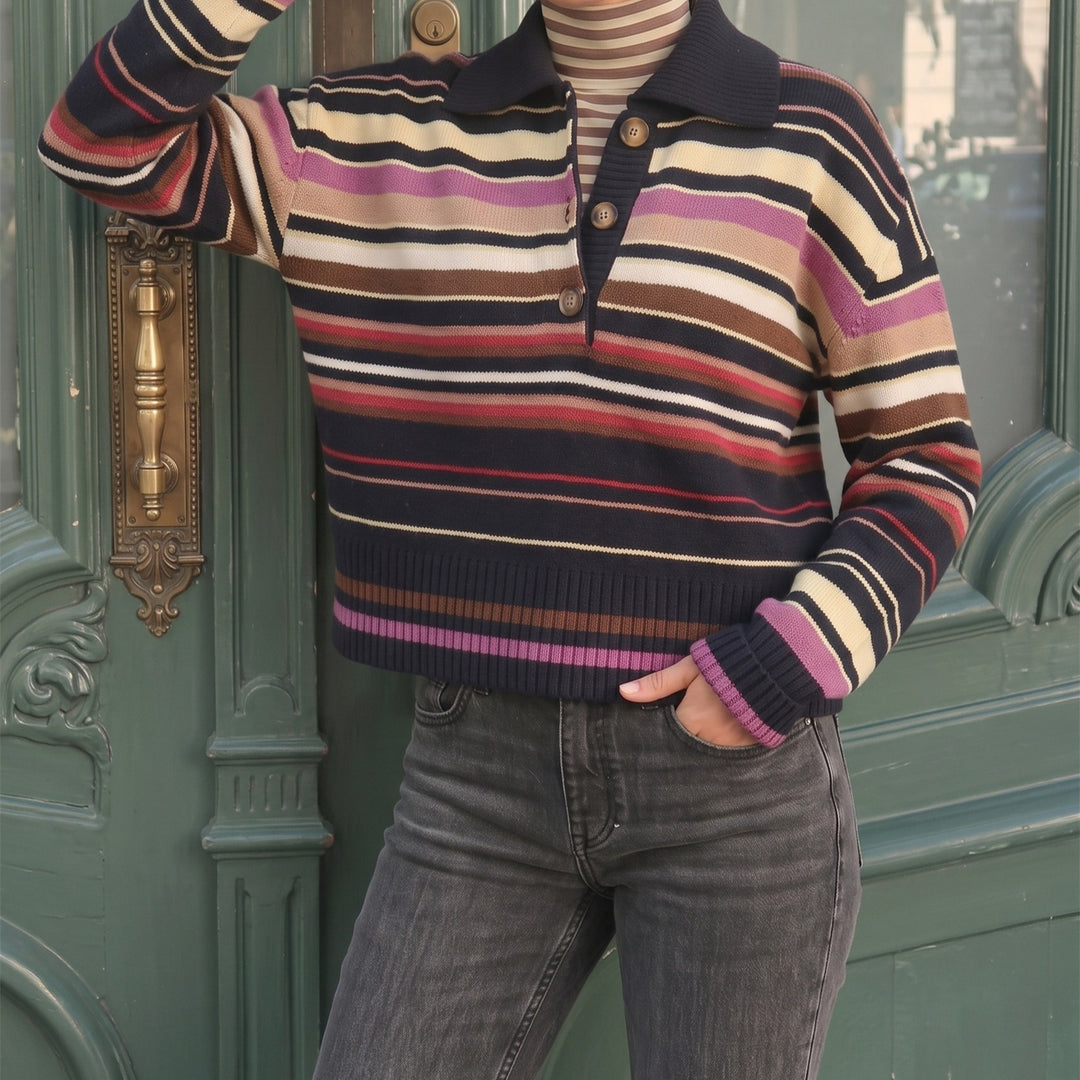 Women Striped Knitted Sweater with Polo Collar & Button Placket Mune Fashion