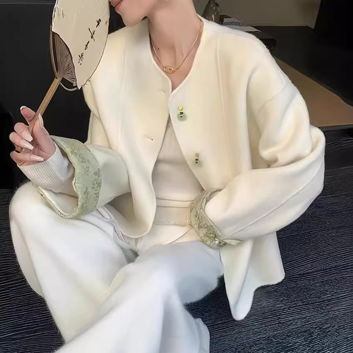 Women's Boxy Wool Jacket with Embroidered Cuffs and Stand-Up Collar Mune Fashion