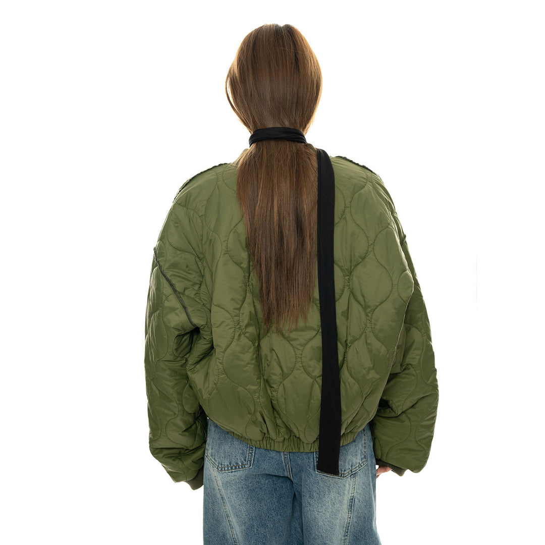 Women Padded Oversize Quilted Bomber Jacket with Leopard Print Lining and Drawstring