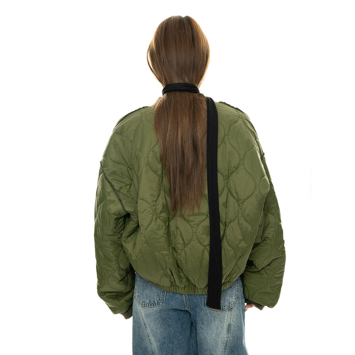 Women Padded Oversize Quilted Bomber Jacket with Leopard Print Lining and Drawstring