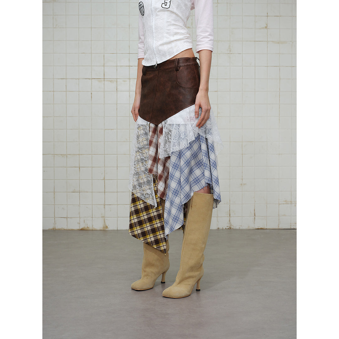 Women Asymmetrical Layered Skirt with Faux Leather Waistband and Plaid Mix Mune Fashion