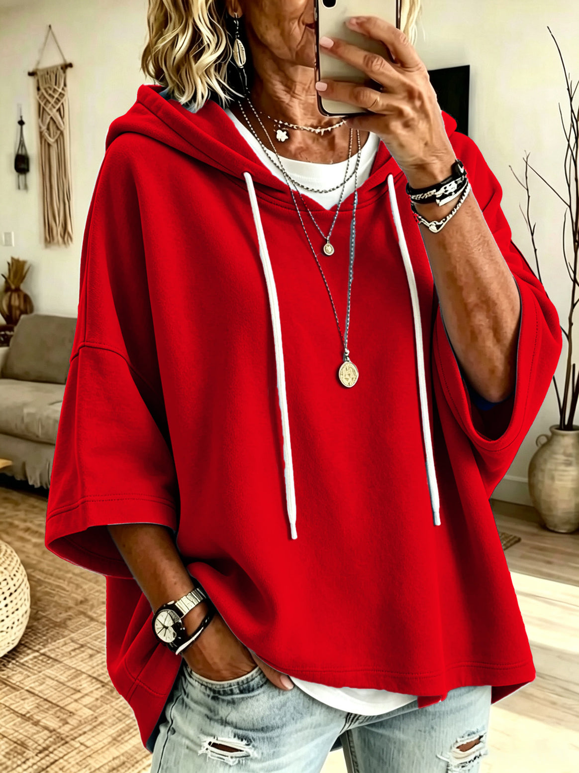 Women's Short Sleeve Oversized Hoodie with Hood and Contrast Drawstring Mune Fashion
