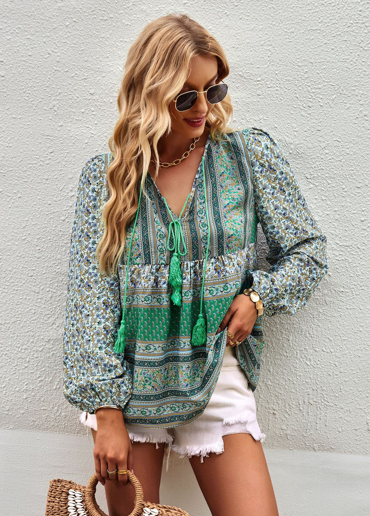 Women’s relaxed Boho tunic blouse with V-neck, tassel tie and gathered balloon sleeves Mune Fashion