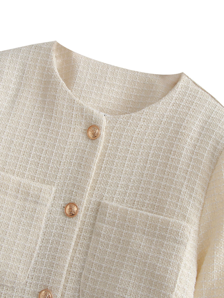 Women Bouclé-Tweed Blazer Jacket with Round Neck and Patch Pockets Mune Fashion