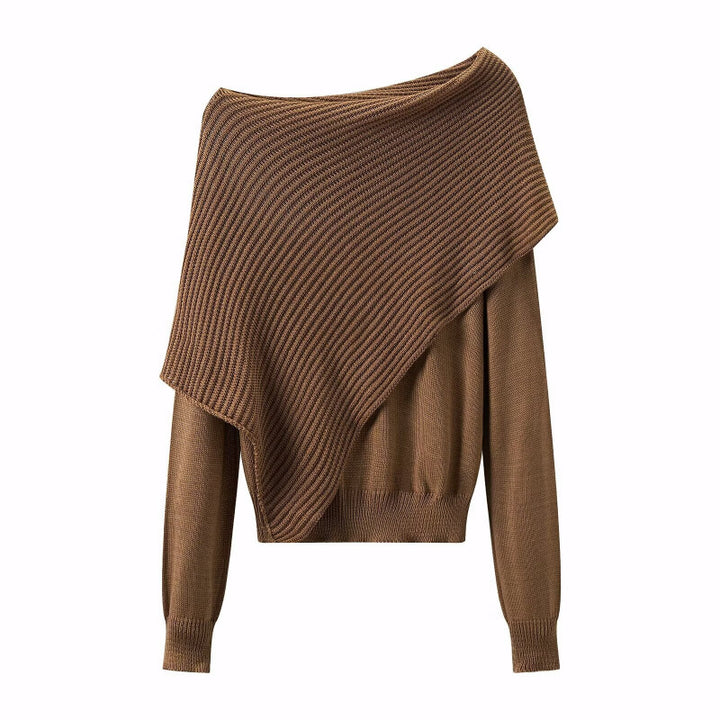 Women Asymmetrical Off-Shoulder Knit Sweater with Poncho Insert Mune Fashion