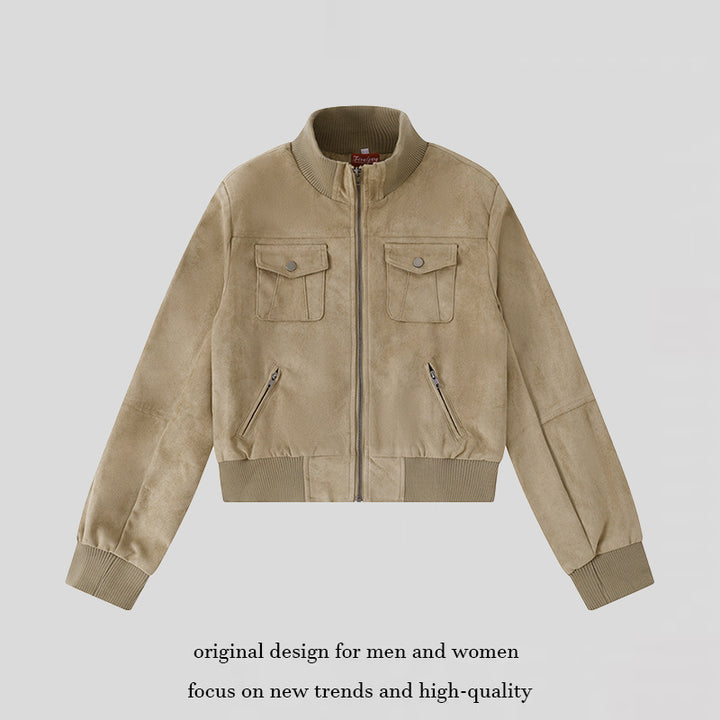 Women's Short-Cut Bomber Jacket Made of Velour Imitation with Chest Pockets and Zipper Pockets Mune Fashion