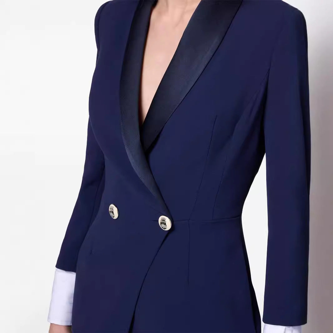 Women's Slim Smoking Blazer Dress in Maxi Length with Satin Lapels and Wrap Look Mune Fashion