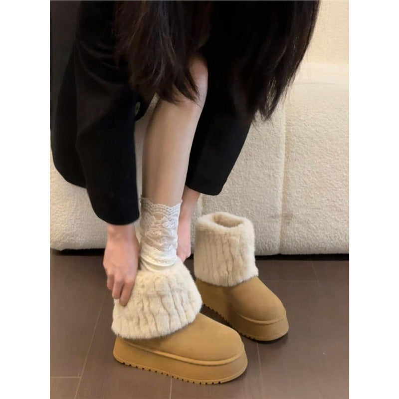 Women Warm Ankle Boots with Faux Fur Cuff and Platform Sole Mune Fashion
