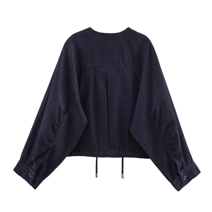 Women's Oversized Cropped Denim Jacket with Drawstring, Raglan Sleeves, and Hidden Button Placket Mune Fashion