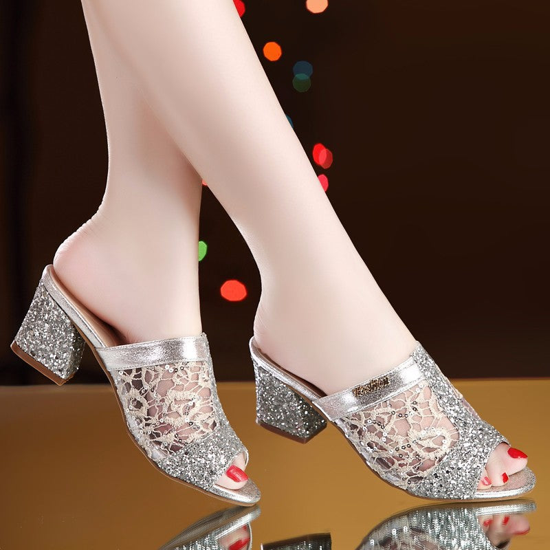 Women's elegant open slide with fine mesh, sparkling appliqués and mid-high block heel Mune Fashion