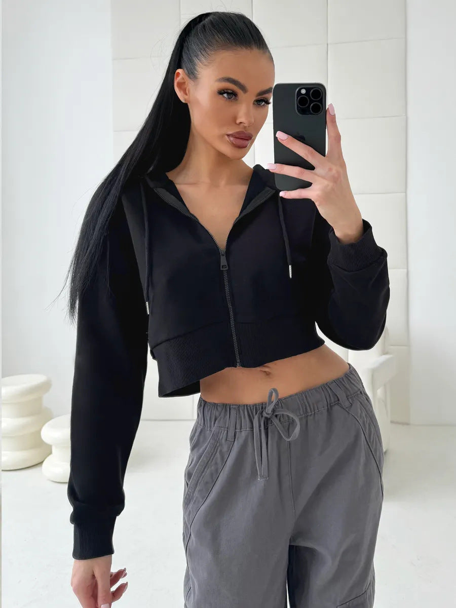 Women's Cropped Hooded Jacket with Short Zipper and Wide Ribbed Cuff Mune Fashion