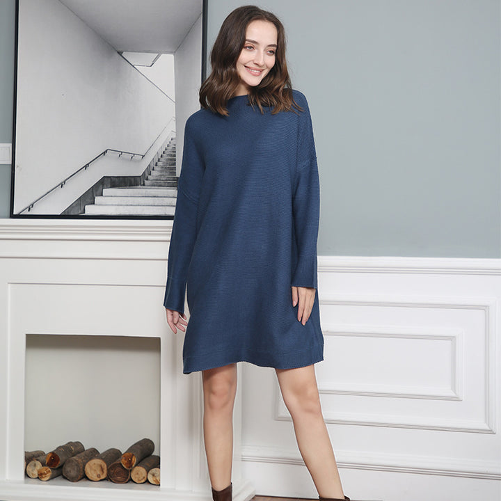 Women Oversize Knit Tunic with Short Stand-up Collar and Dropped Shoulder Mune Fashion