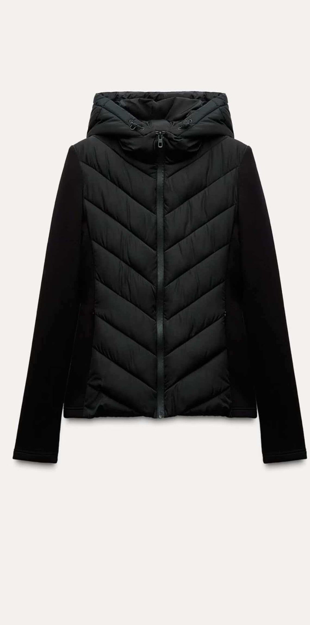 Women's quilted hooded jacket with chevron quilting, softshell inserts, and concealed zipper Mune Fashion