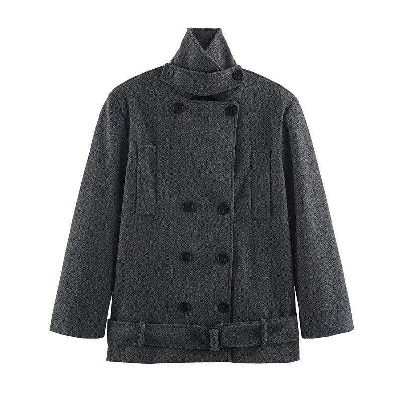 Men's short double-breasted wool coat with stand collar and waist belt Mune Fashion