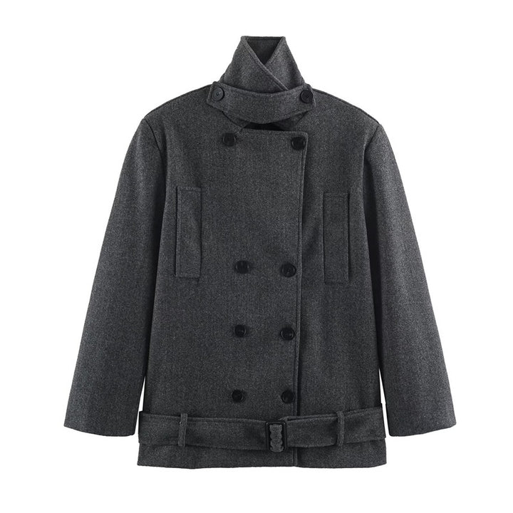 Men's short double-breasted wool coat with stand collar and waist belt Mune Fashion
