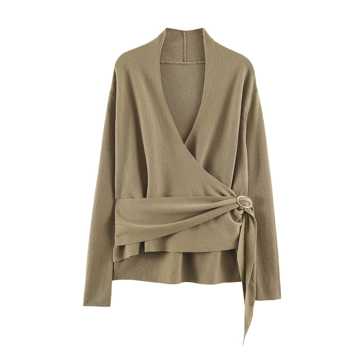 Women's wrap knit sweater with belt ring and deep V-neck Mune Fashion
