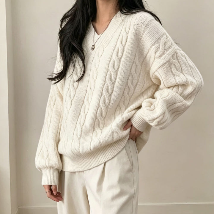 Women Oversize Cable Knit V-Neck Sweater with Dropped Shoulder Mune Fashion