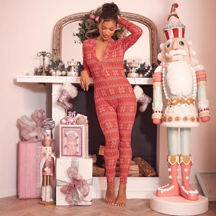 Women's Cozy Jumpsuit with Christmas Design and Long Sleeve Mune