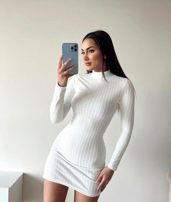 Women's Slim-Fitting Ribbed Knit Mini Dress with Turtleneck and Long Sleeves Mune Fashion