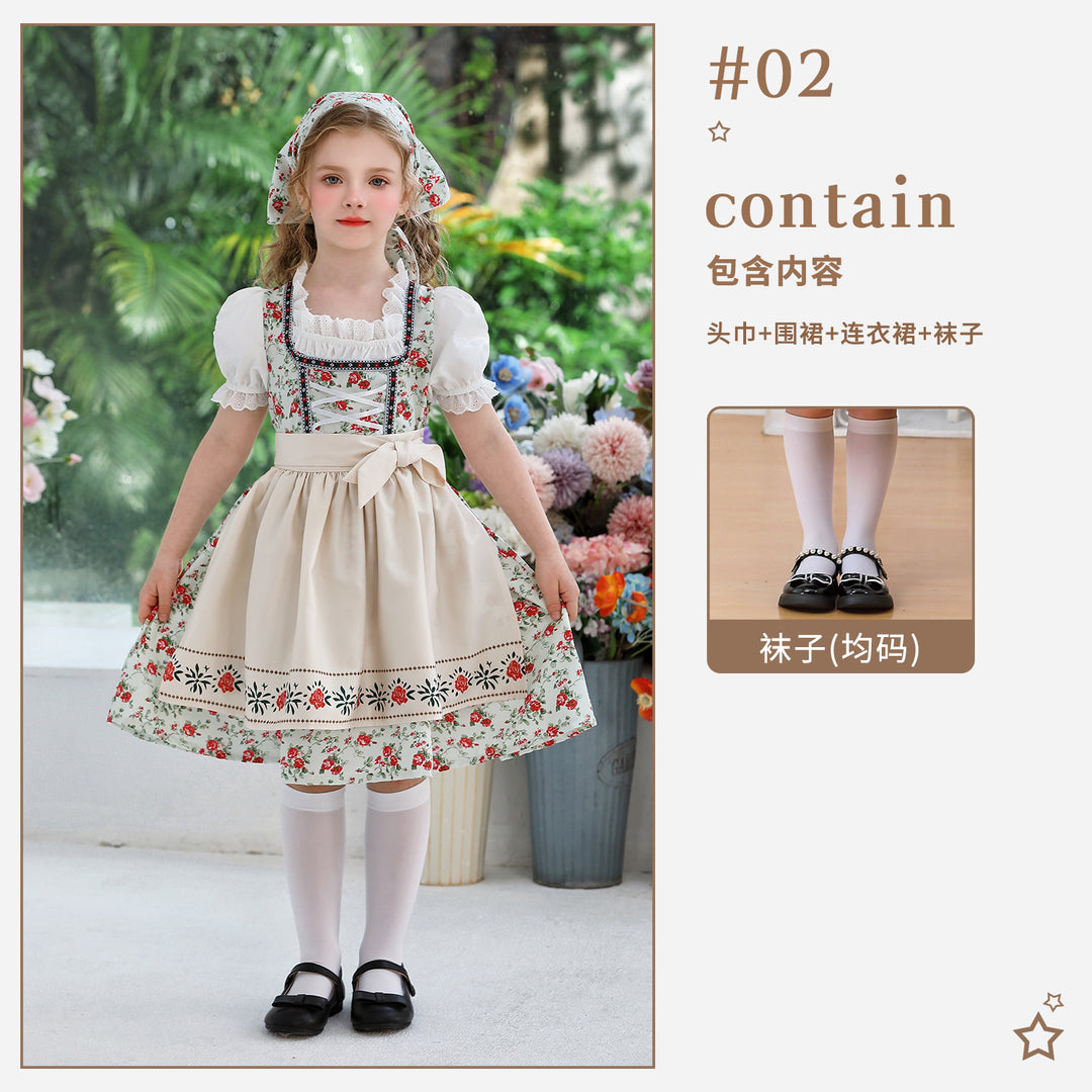 Ladies' traditional Dirndl dress for girls with embroidered apron, ruffle collar, and matching headscarf Mune Fashion