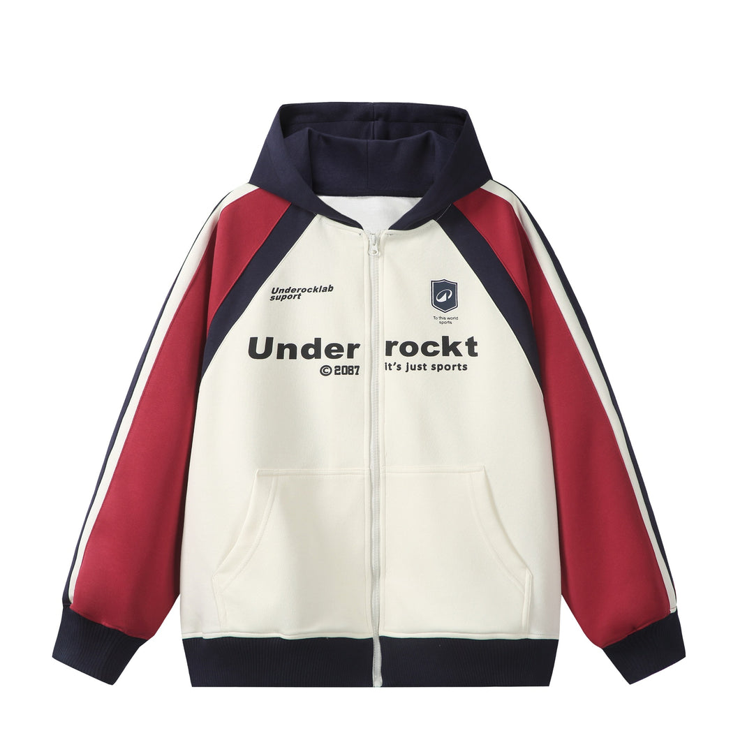 Unisex Hooded Zip Jacket in Retro Sports Style with Color Block Inserts and Kangaroo Pocket Mune Fashion