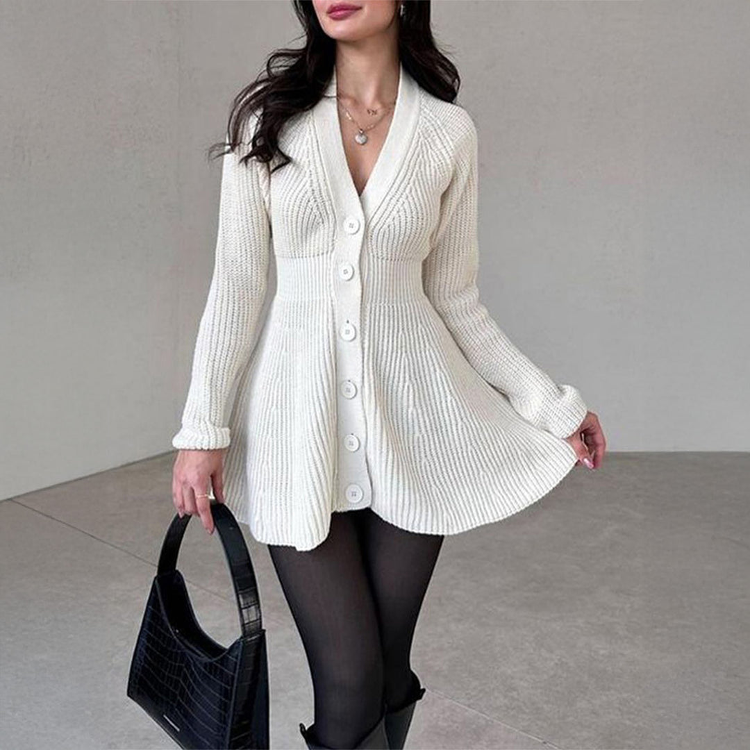Women's fitted knitted dress with full button placket, V-neck and flared A-line skirt Mune Fashion