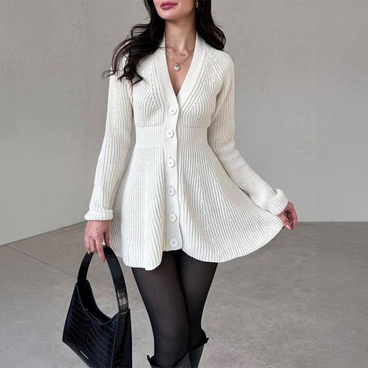 Women's fitted knitted dress with full button placket, V-neck and flared A-line skirt Mune Fashion