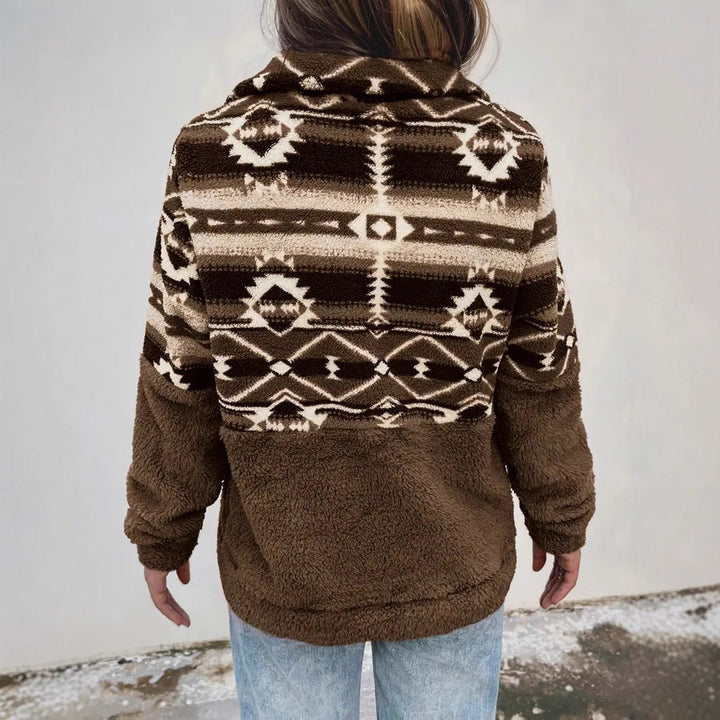 Women's Fleece Pullover with Modern Aztec Pattern and Stand-Up Collar Mune