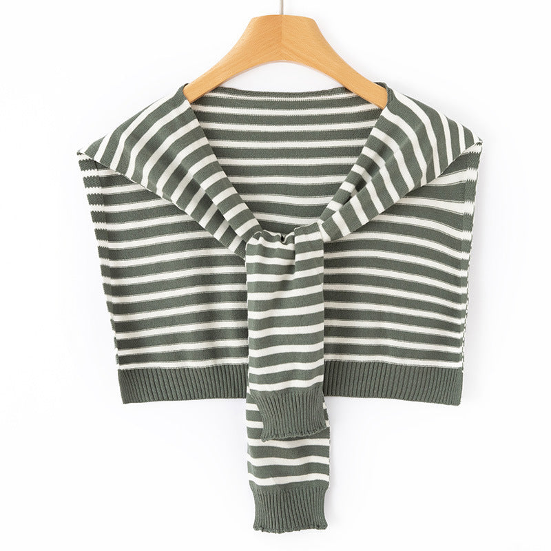 Women's Short Knitted Shoulder Cape to Tie Striped Fine Knit Wrap Stole Mune Fashion