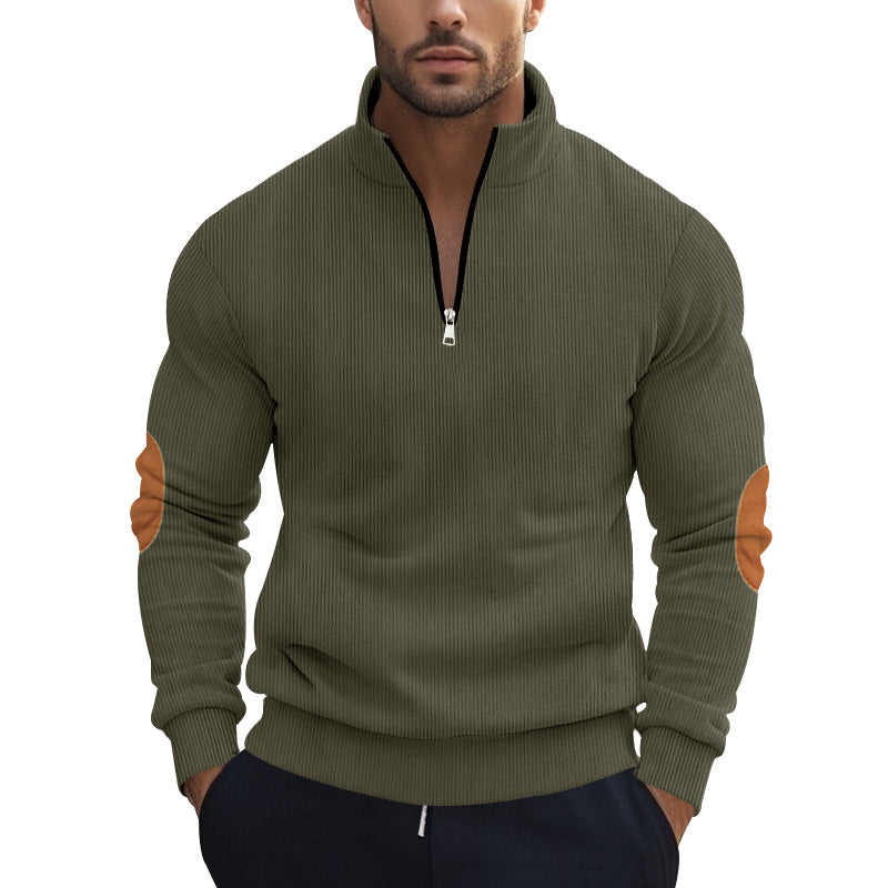 Men's structured cotton knit pullover with half zipper and elbow patches Mune Fashion