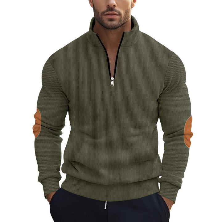 Men's structured cotton knit pullover with half zipper and elbow patches Mune Fashion