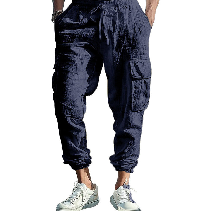 Men's casual cargo pants in jogger style with crinkle linen look, drawstring waistband, and multiple pockets Mune Fashion