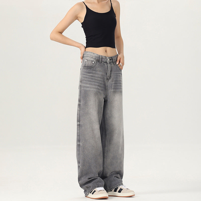 Women Floor-Length Oversized Denim Trousers in Baggy Palazzo Cut with Soft Stonewash Details Mune Fashion