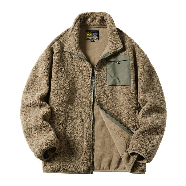 Men's Sherpa fleece jacket in utility style with zipper chest pocket and stand-up collar Mune Fashion