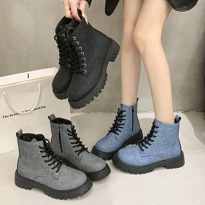 Ladies Chunky Combat Ankle Boots made of denim look with robust profiled sole and side zipper Mune Fashion