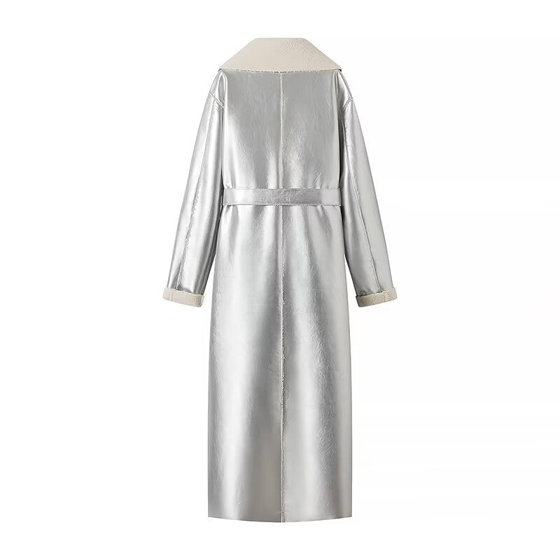 Women's longer vegan coat made of faux leather with teddy lining and tie belt Mune Fashion