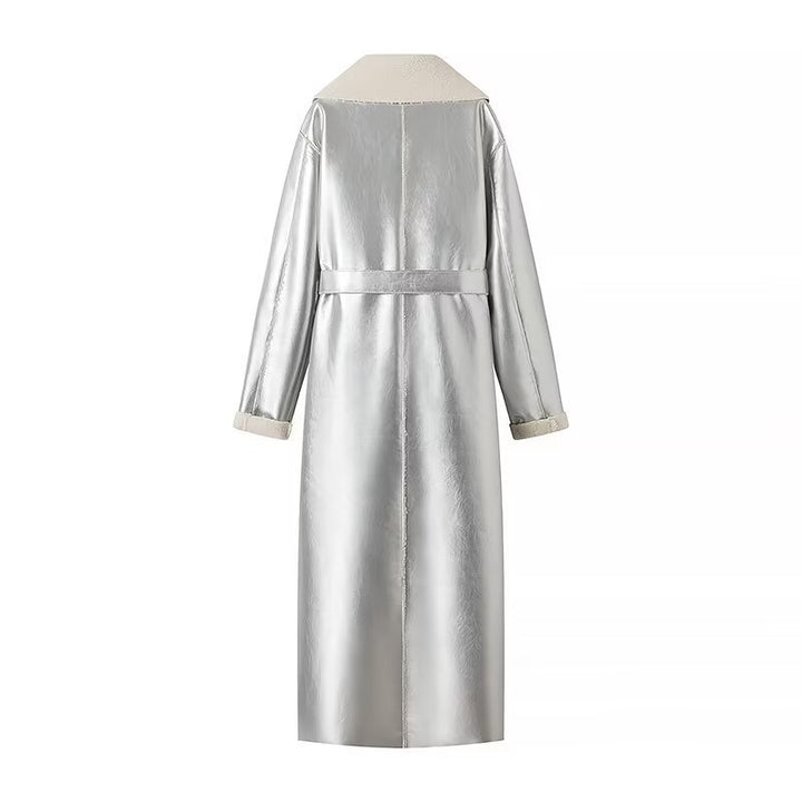 Women's longer vegan coat made of faux leather with teddy lining and tie belt Mune Fashion