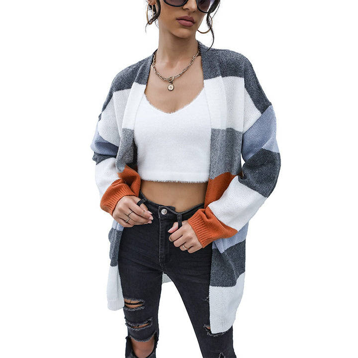 Women's Oversized Knit Cardigan with Block Stripes and Open Front Mune Fashion