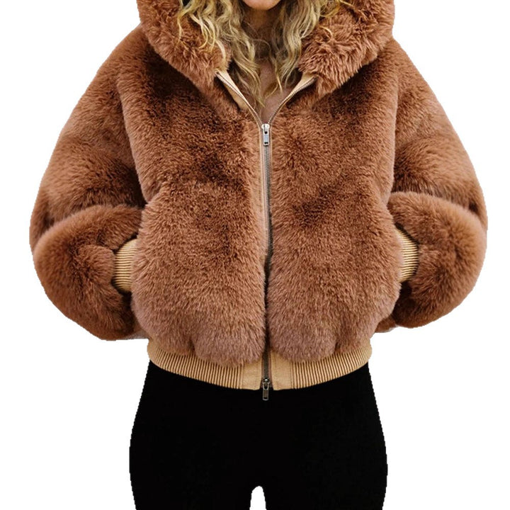 Women's Short Teddy Faux Fur Bomber Jacket with Hood, Wide Ribbed Hem and Two-Way Zipper Mune Fashion