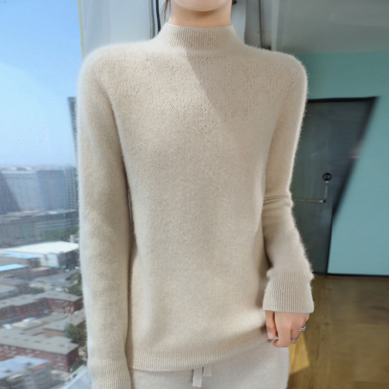 Women Slim Minimalist Stand Collar Fine Knit Sweater with Ribbed Neck Mune Fashion