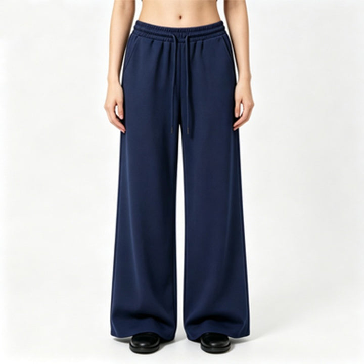 Ladies wide high-waist lounge pants with elastic waistband, drawstring, and flowing jersey Mune Fashion