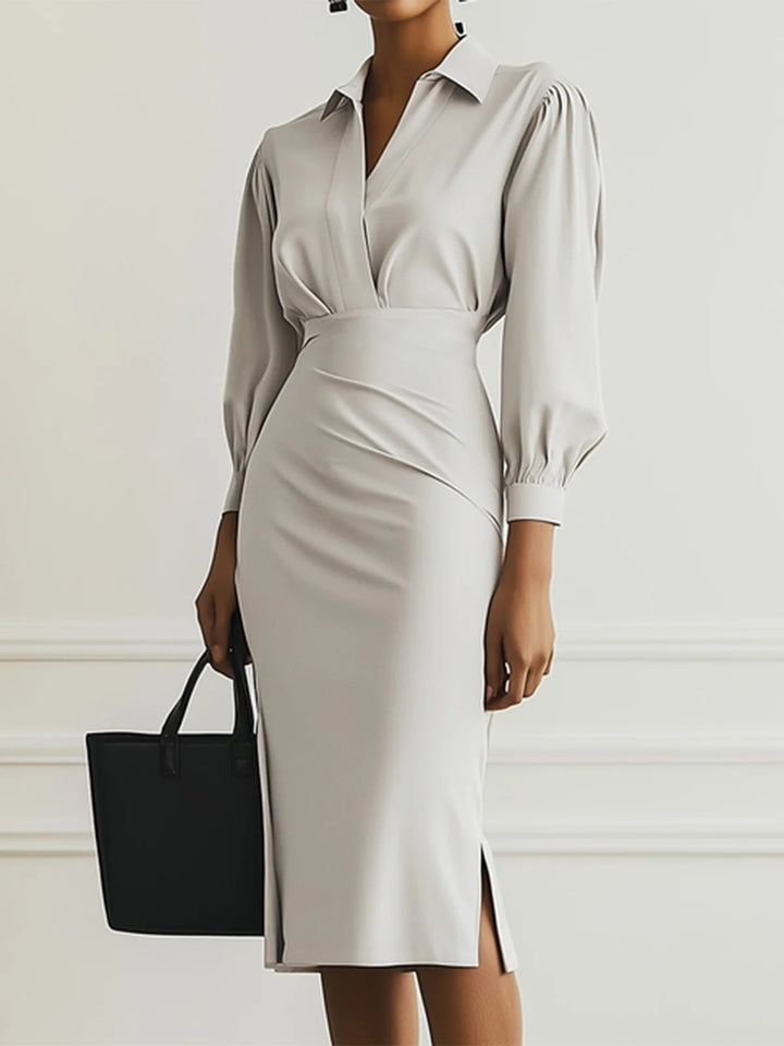 Women's Shirt Blouse Dress with V-Wrap, Puff Sleeves and Tailored Midi Length Mune Fashion